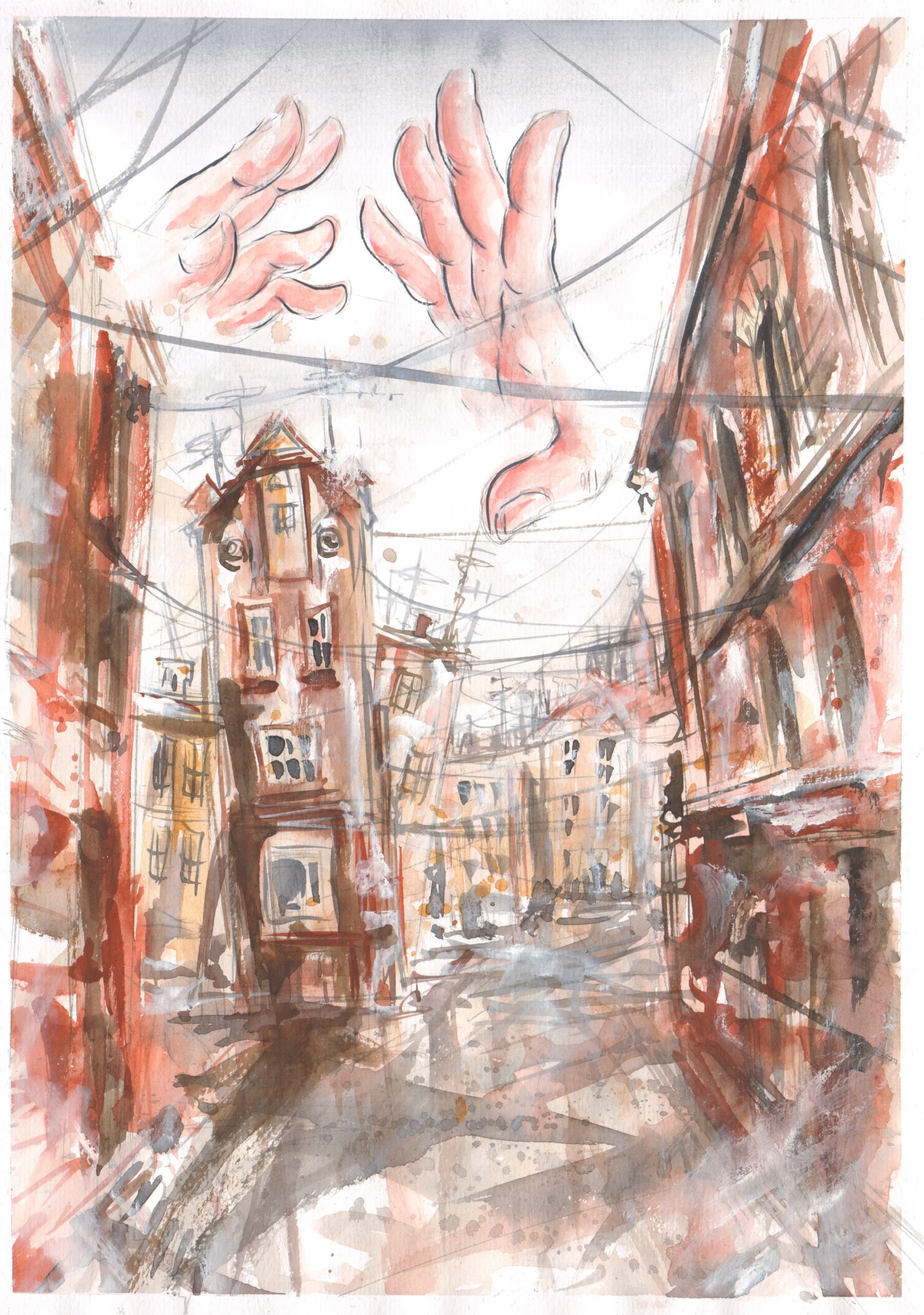Ilustracja przedstawia artystyczną wizję zabytkowej zabudowy dzielnicy Bogucice. Rysunek wypełniają kamienice z górującymi nad nimi dłońmi nawiązującymi do nazwy kojarzonej z Bogiem. Rysunek namalowany w oryginale akwarelami utrzymany jest w ciepłej, brązowo-czerwonej tonacji.